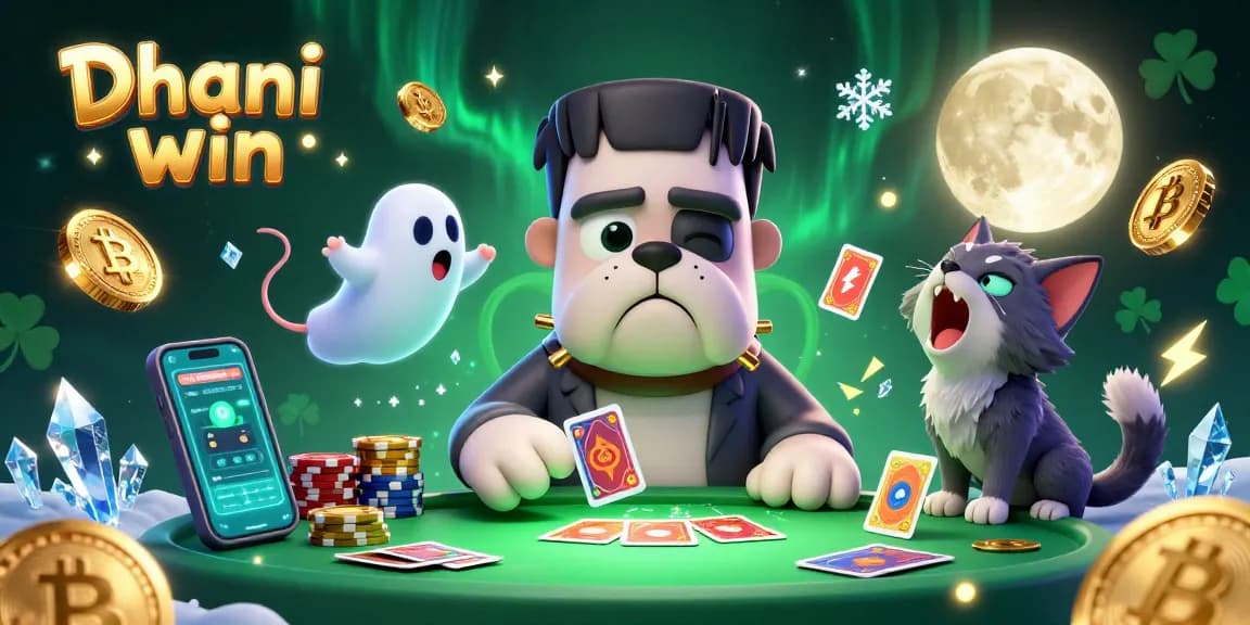 Dhani win showcasing a vibrant 3D casino scene with a cartoon bulldog dealer, colorful crypto elements, and whimsical characters playing games