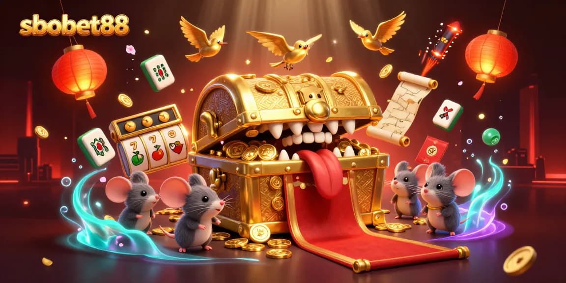 Engage with sbobet88's vibrant cartoon scene featuring a treasure chest and gaming elements.