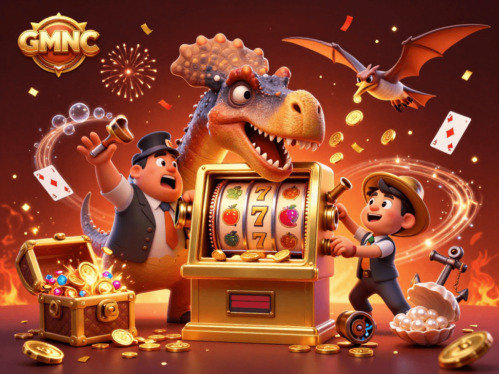 GMNC showcases a pachycephalosaurus hitting a slot machine amidst a dynamic casino scene, highlighting thrilling jackpots.