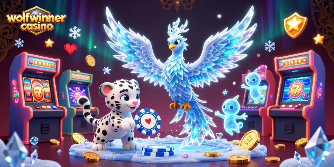 Engage in action at wolfwinner casino with a vibrant 3D illustration showcasing slots, games, and magical characters.
