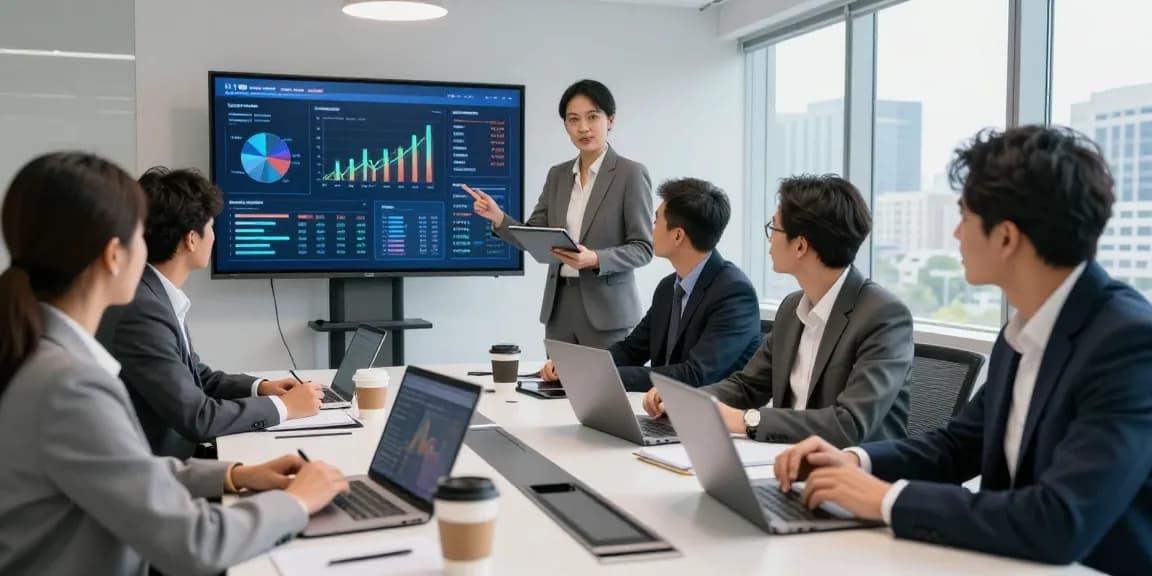 Business professionals collaborating on AI for business strategies in a modern office setting with data analytics display.