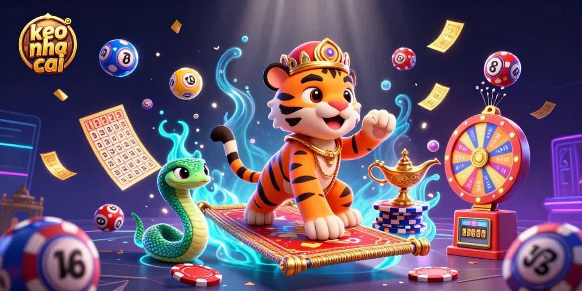 Engage with keo nha cai in an enchanting scene featuring a tiger sultan, magic elements, and exciting lottery visuals.