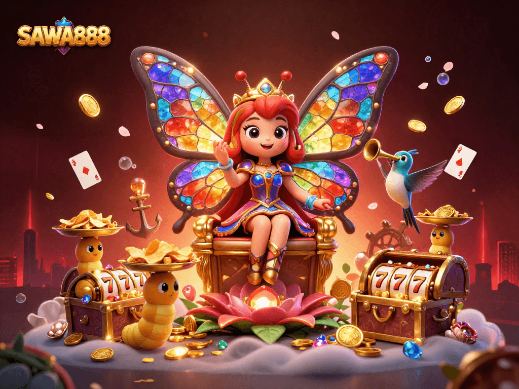 Experience SAWA888's thrilling gameplay with a colorful butterfly queen surrounded by slot reels and vibrant elements.