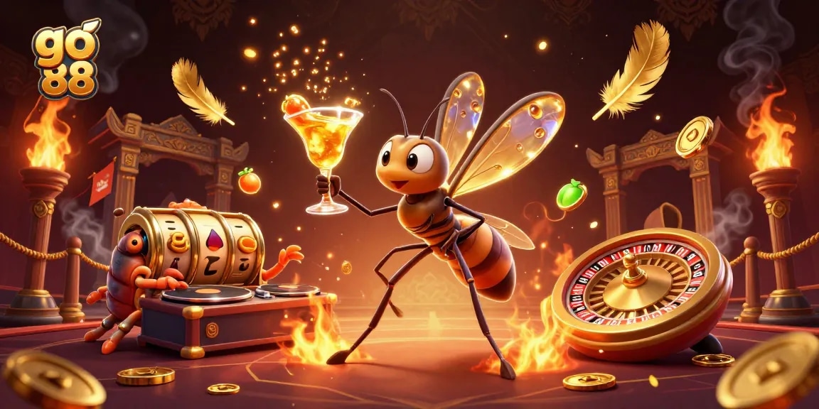 Experience vibrant casino excitement with go 88's golden slots and interactive characters in a dynamic setting.