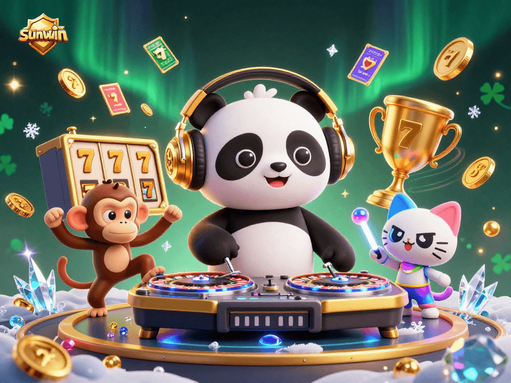 Engage with sunwin's vibrant casino scene showcasing a DJ panda, breakdancing monkey, and glowing kitten.
