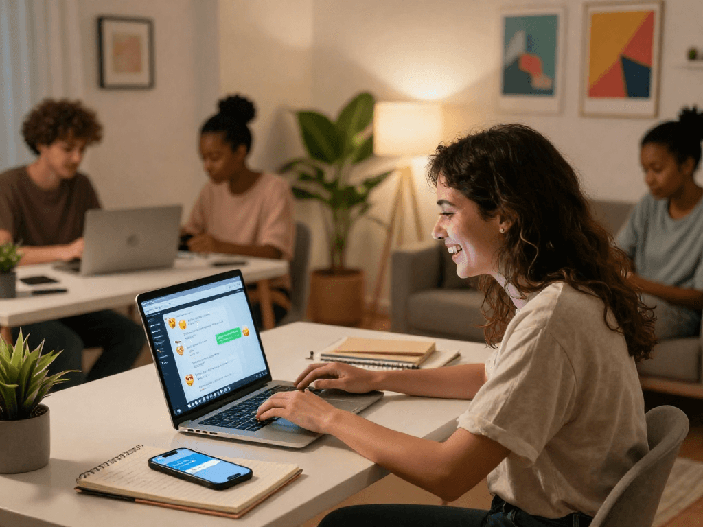 Engaging chat room scene depicting a safe and casual sexchat conversation among diverse individuals in a cozy digital setting.