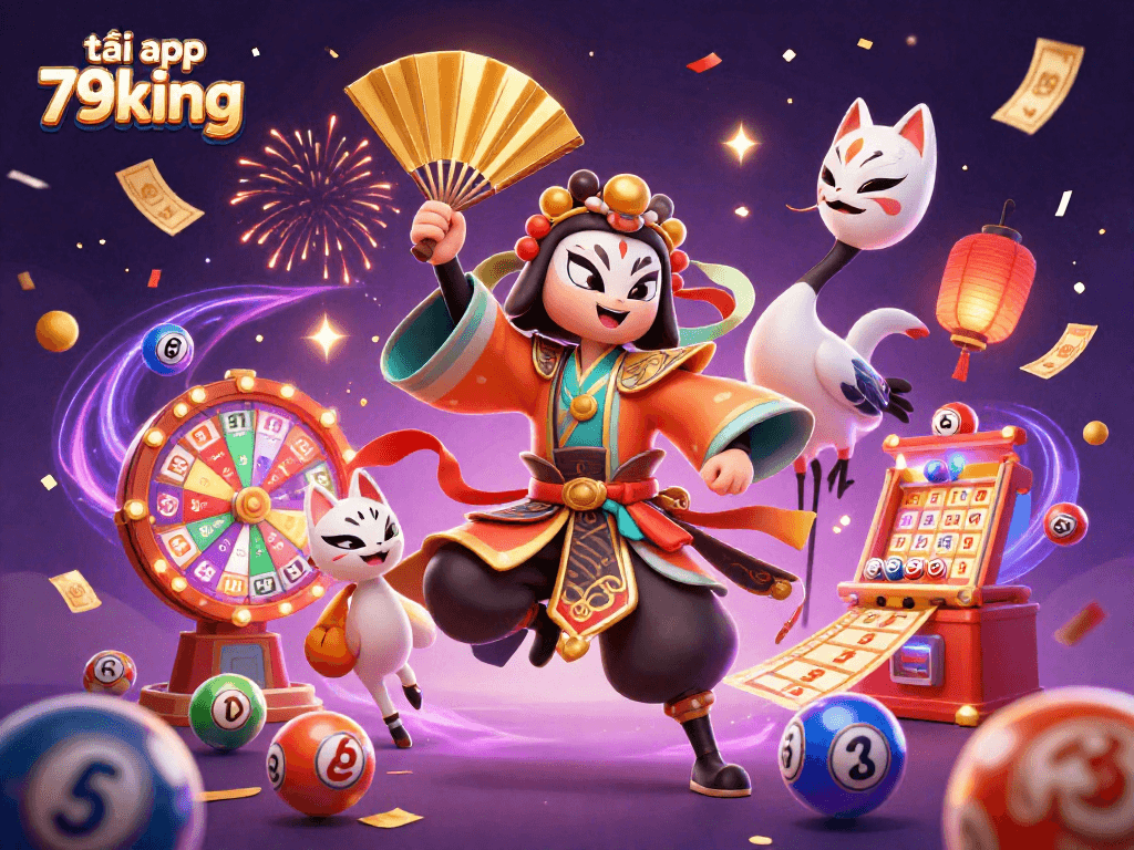 Engage with the excitement of tải app 79king through this colorful 3D gaming illustration featuring characters and vibrant lottery elements.