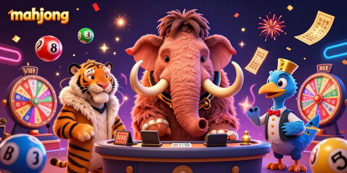 Experience the excitement of mahjong with a 3D illustration featuring dynamic casino characters and vibrant game elements.