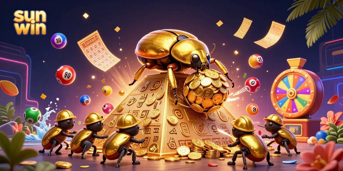 Engage with sun win, where a golden beetle inspires luck amid vibrant lottery elements.