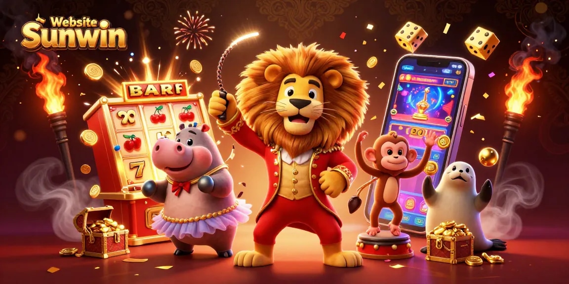 Spin and win with Website Sunwin featuring vibrant casino characters, slot machines, and gold coins.