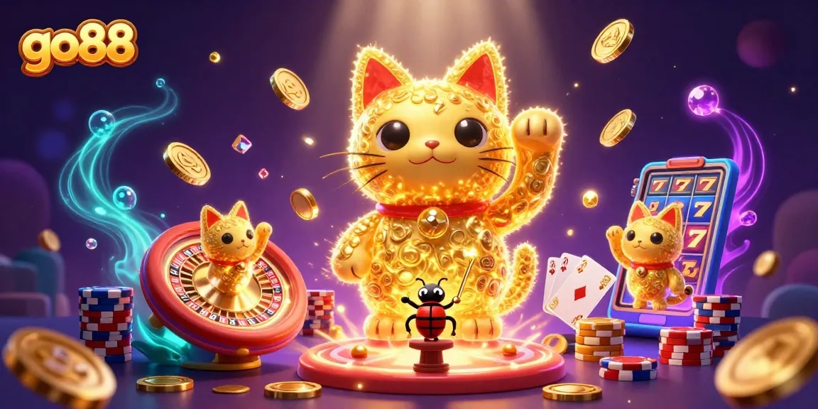 Engage with go88's vibrant casino experience through a whimsical 3D celebration of luck and winners.
