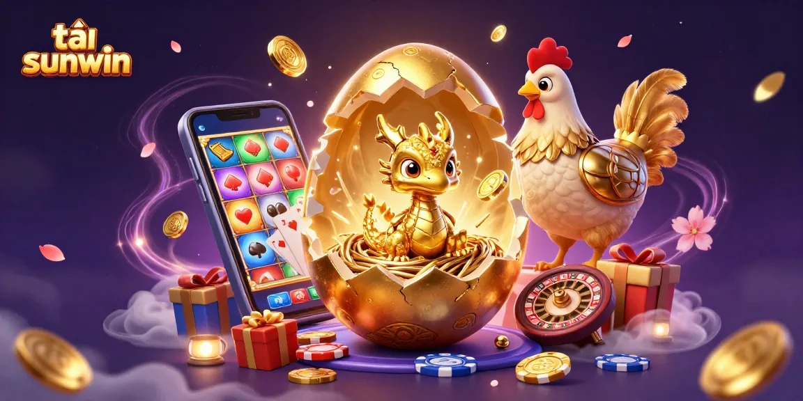 Experience the vibrant world of tải sunwin, with a golden dragon and casino-themed elements including poker chips and slots.