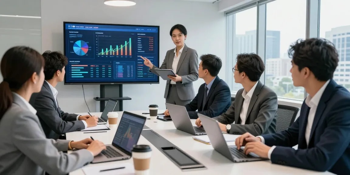 Business professionals collaborating on AI for business strategies in a modern office setting with data analytics display.