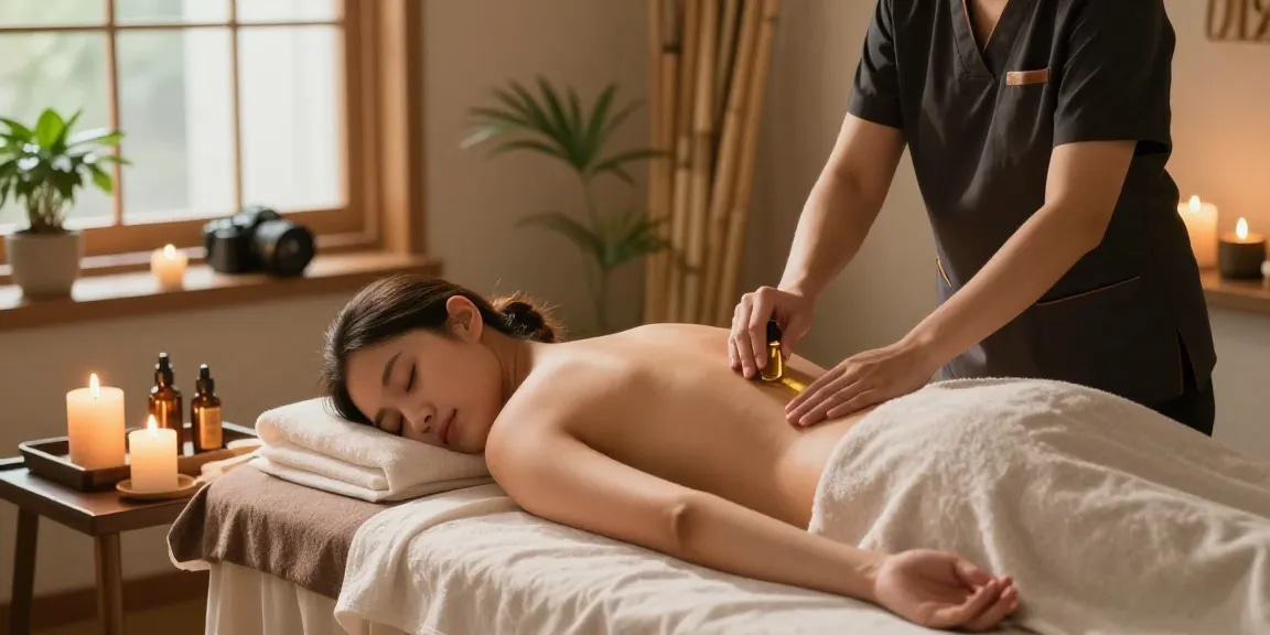 Relaxing 출장마사지 scene featuring soothing oils, candles, and plants in a tranquil home spa