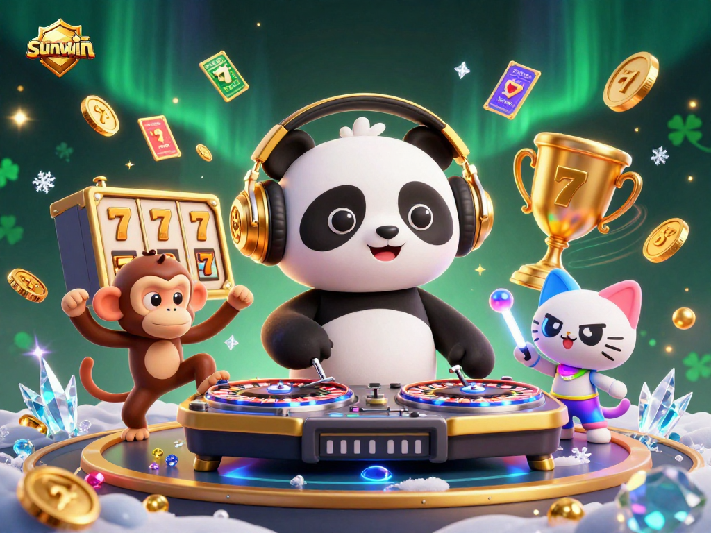 Engage with sunwin's vibrant casino scene showcasing a DJ panda, breakdancing monkey, and glowing kitten.