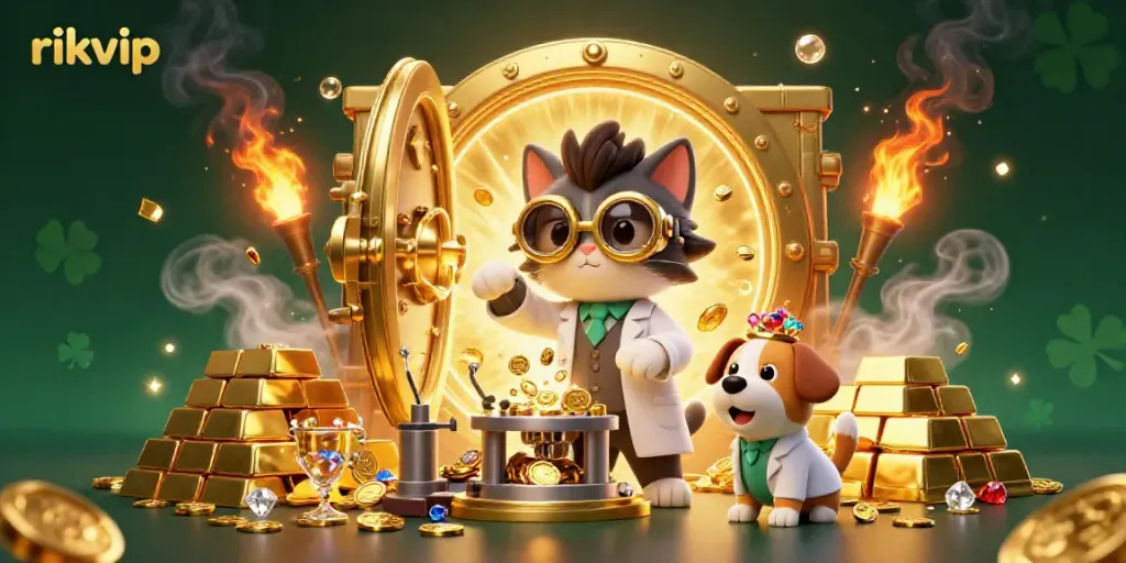 Engage in exhilarating games at Rikvip casino with a vibrant, action-packed 3D scene showcasing a mad scientist theme.