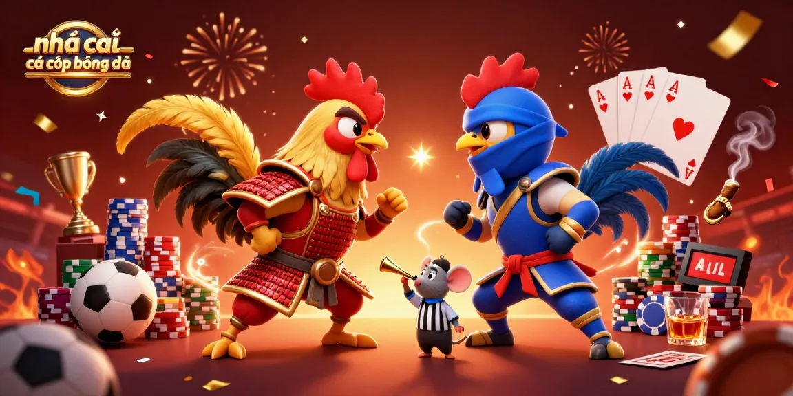 Engaging illustration of nhà cái uy tín cá cược bóng đá featuring duel between cartoon roosters amid casino and sports symbols.