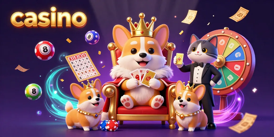 The vibrant casino scene features a royal corgi and a cat butler surrounded by colorful lottery balls and prizes.
