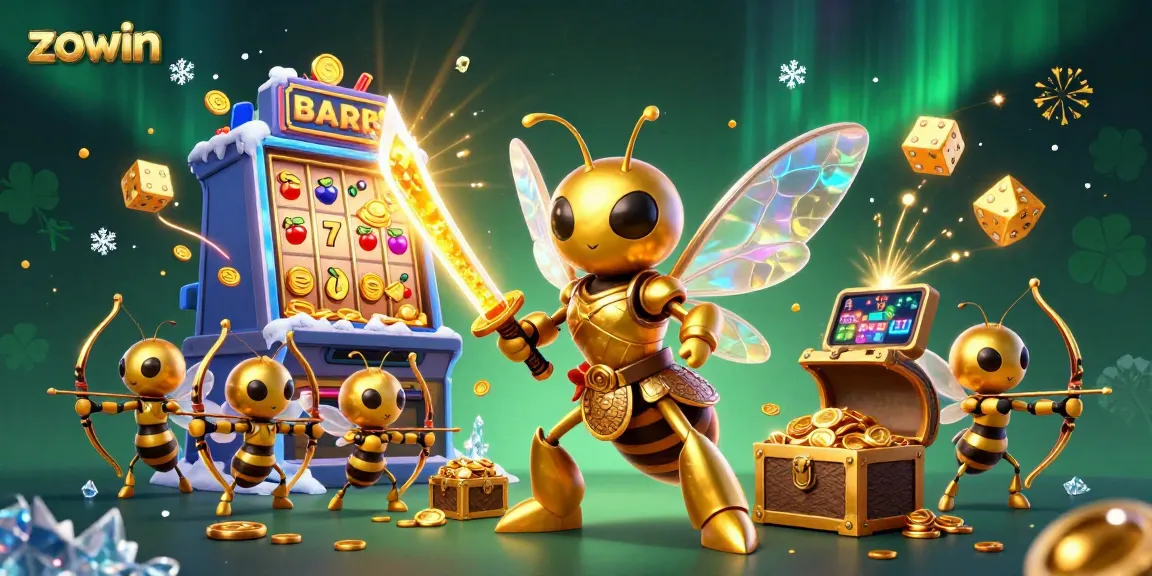 Zowin's dynamic casino scene with a golden hornet samurai among slot machine explosion and festive gaming elements.
