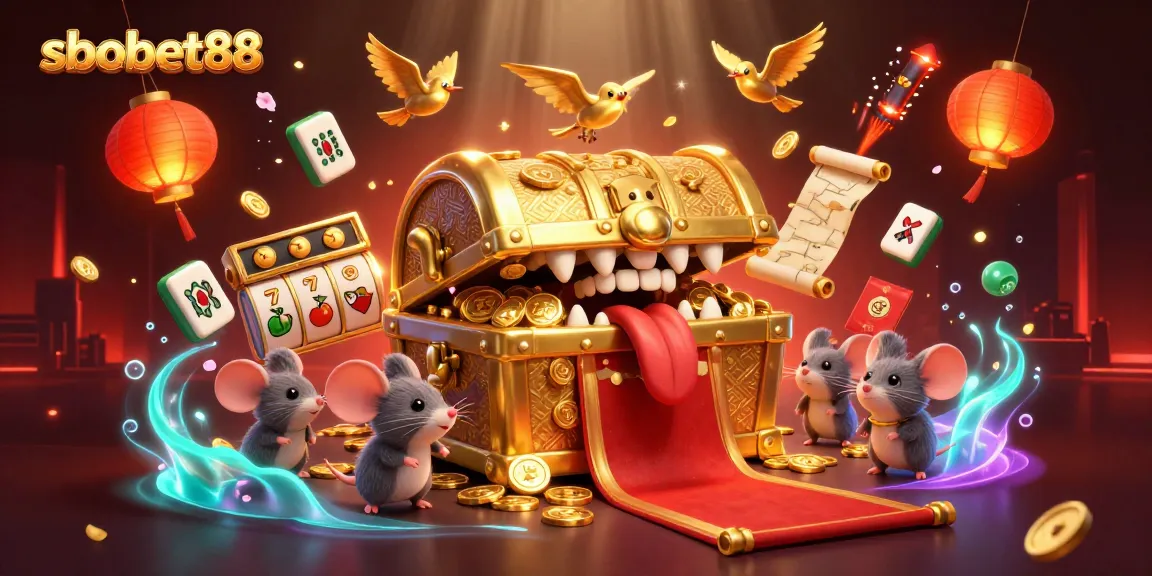 Engage with sbobet88's vibrant cartoon scene featuring a treasure chest and gaming elements.