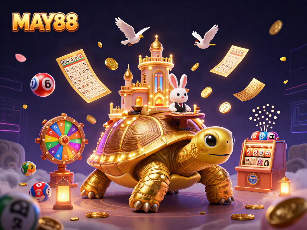MAY88 casino illustration showcasing vibrant lottery balls, a golden tortoise, and a very animated gaming atmosphere