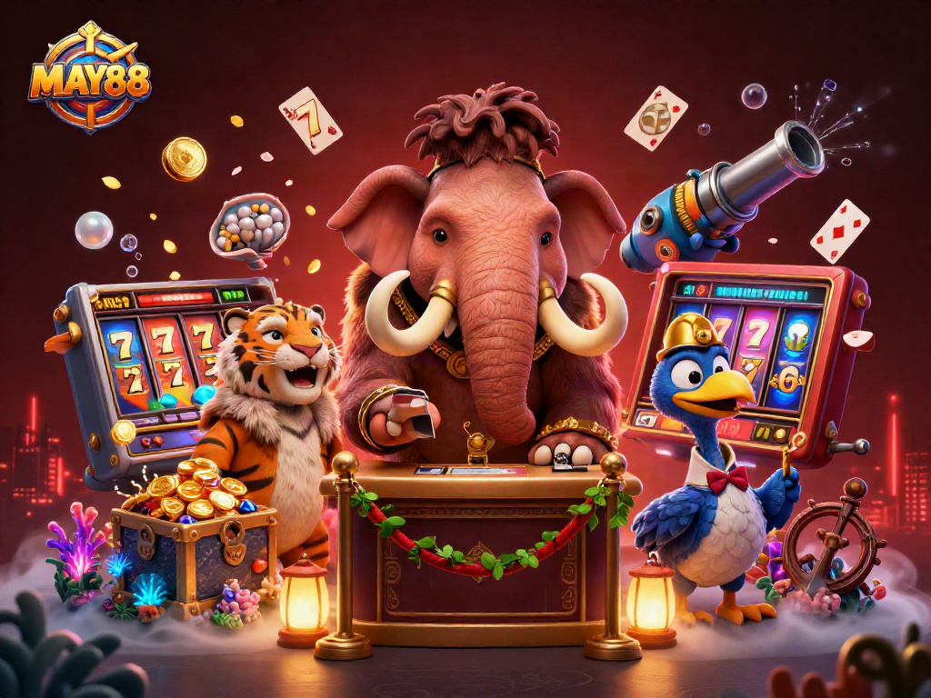 MAY88 casino scene featuring a woolly mammoth bouncer, saber-tooth tiger VIP, and dodo bird doorman with exciting slot elements