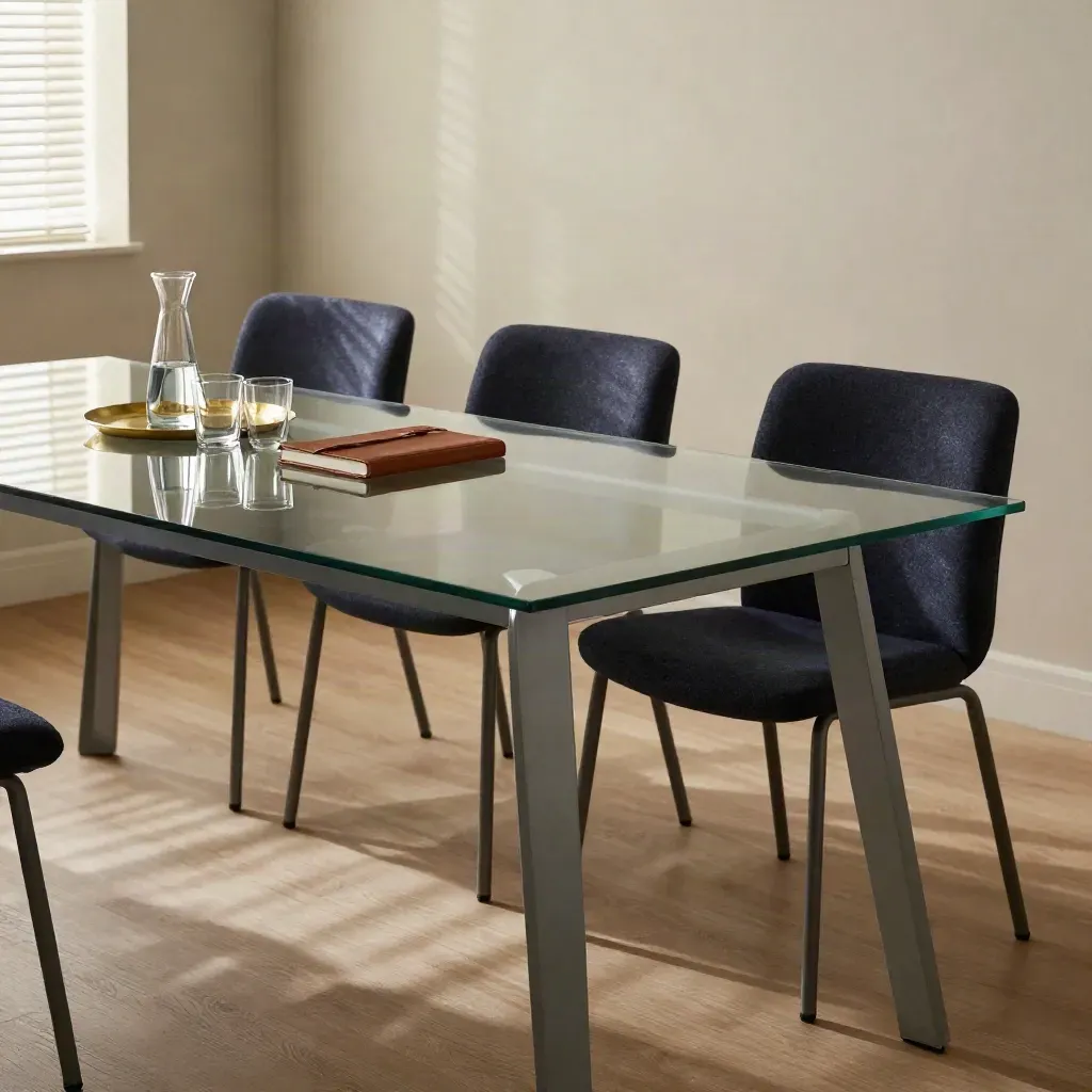 Glass boardroom table, three chairs, leather notebook, water carafe and brass tray in soft office light