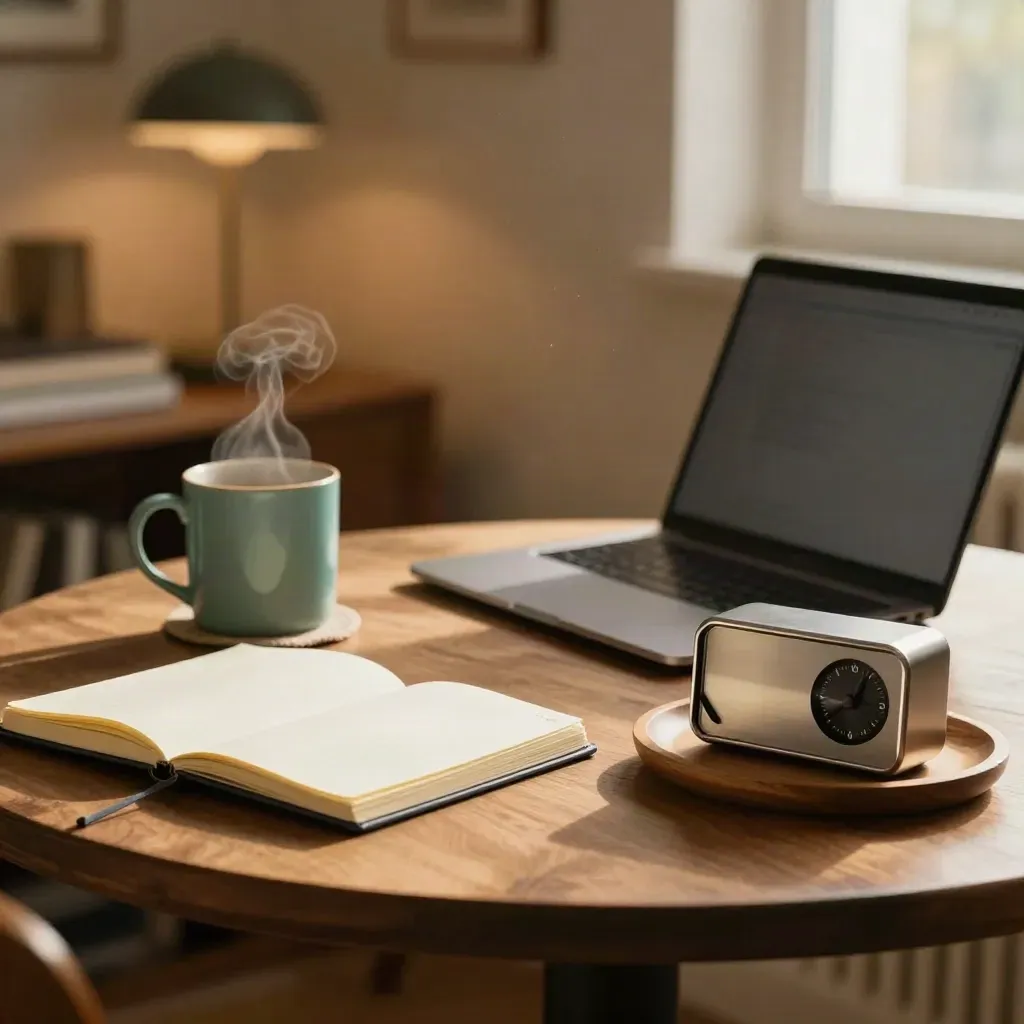 Coaching check-in table with notebook, teal mugs, closed laptop and timer in warm window light.
