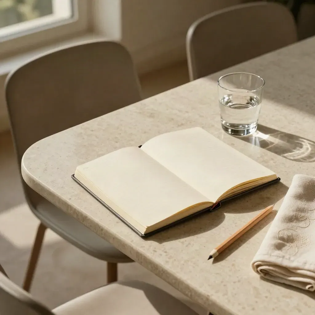 Two angled chairs beside a travertine table with a notebook, water glass, pencil and linen napkin.