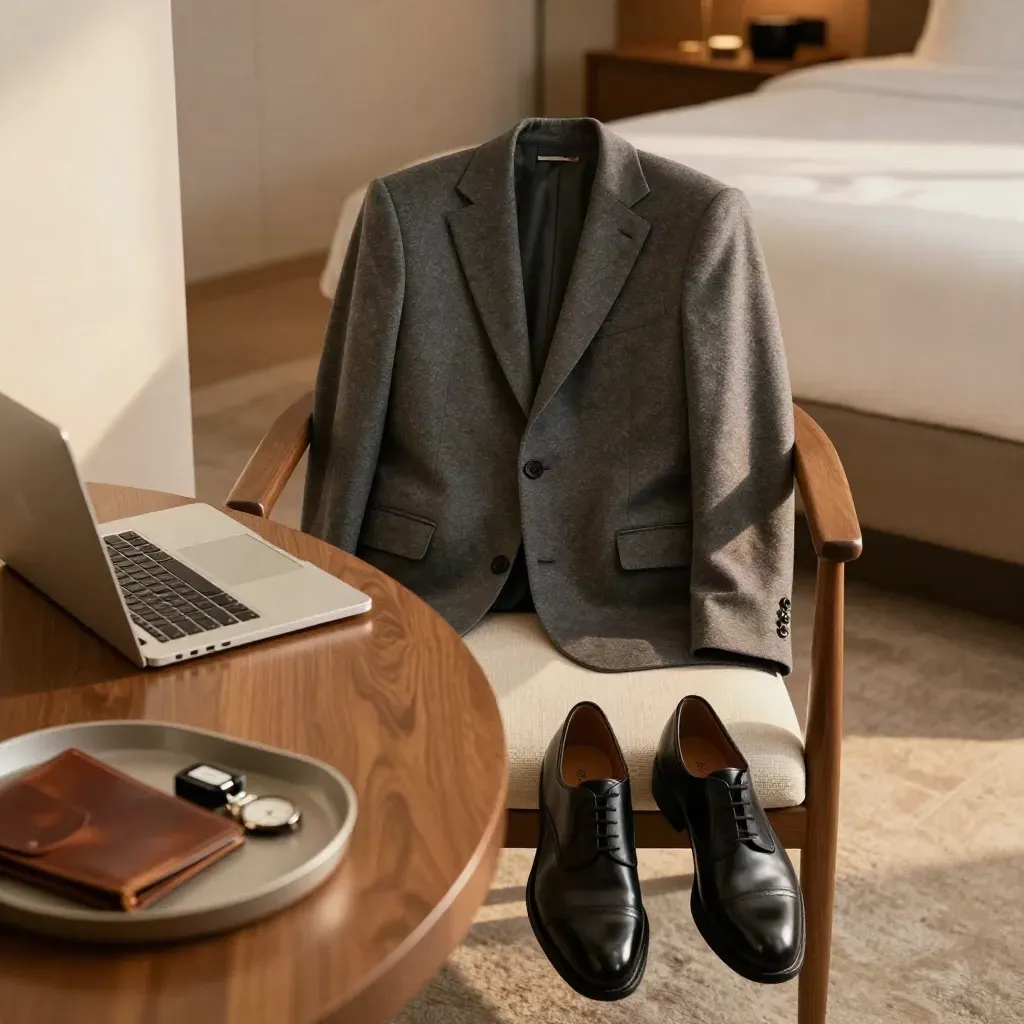 Slate blazer, polished shoes and closed laptop on a hotel desk in soft morning light