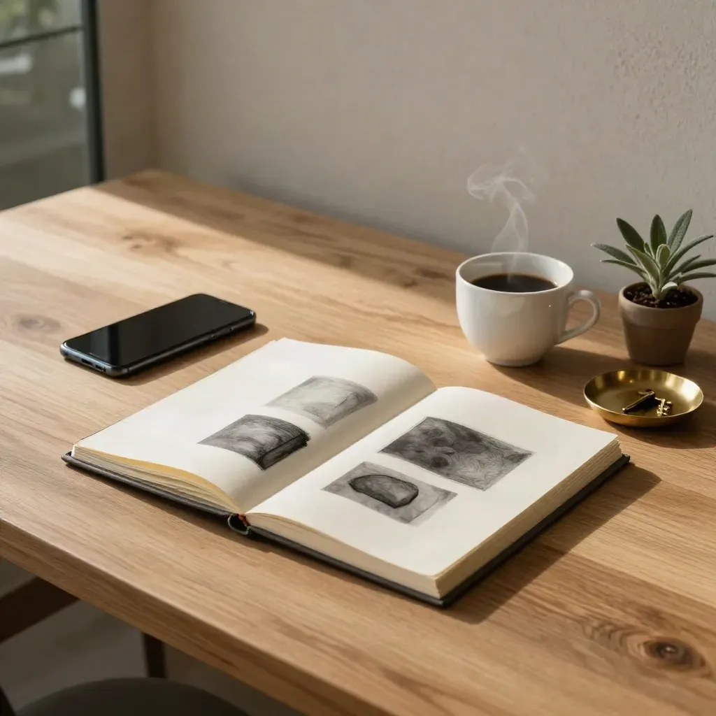 Founder’s planning table with notebook, phone, coffee, key dish and plant in dramatic light
