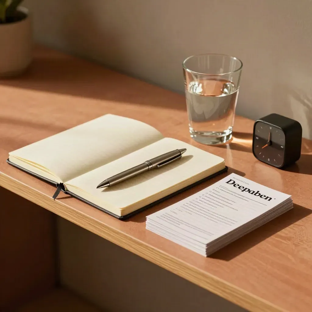 Manager toolkit shelf with notebook, pen, cards, water glass and timer in warm light