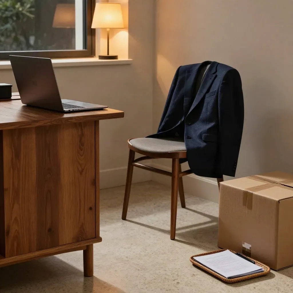 Half-packed home office corner with closed laptop, navy jacket, and cardboard box in dusky light.