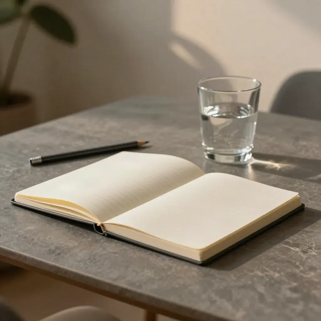 Open notebook, pencil, and water glass on a slate table in soft late-morning light.