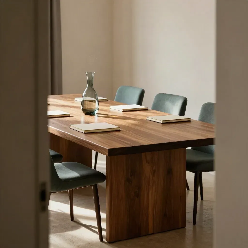 Quiet boardroom with chairs, notebooks and a glass carafe in warm afternoon light.