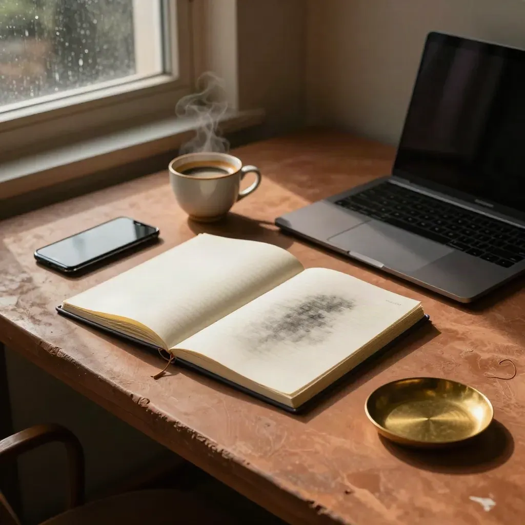 Founder review items on a terracotta surface: notebook, phone, laptop, coffee cup, brass dish.
