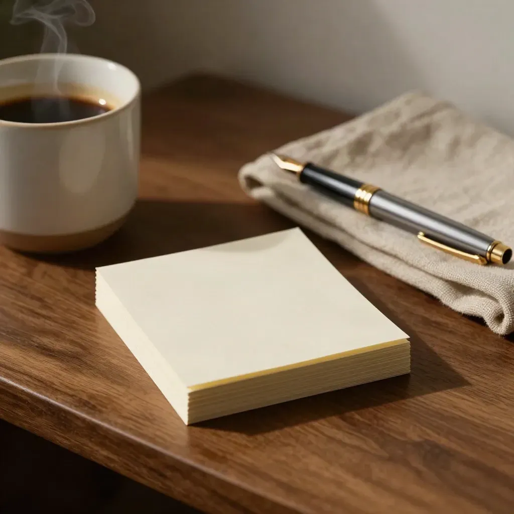 Note cards, pen, coffee cup, and reading cloth on a walnut side table in warm evening light.