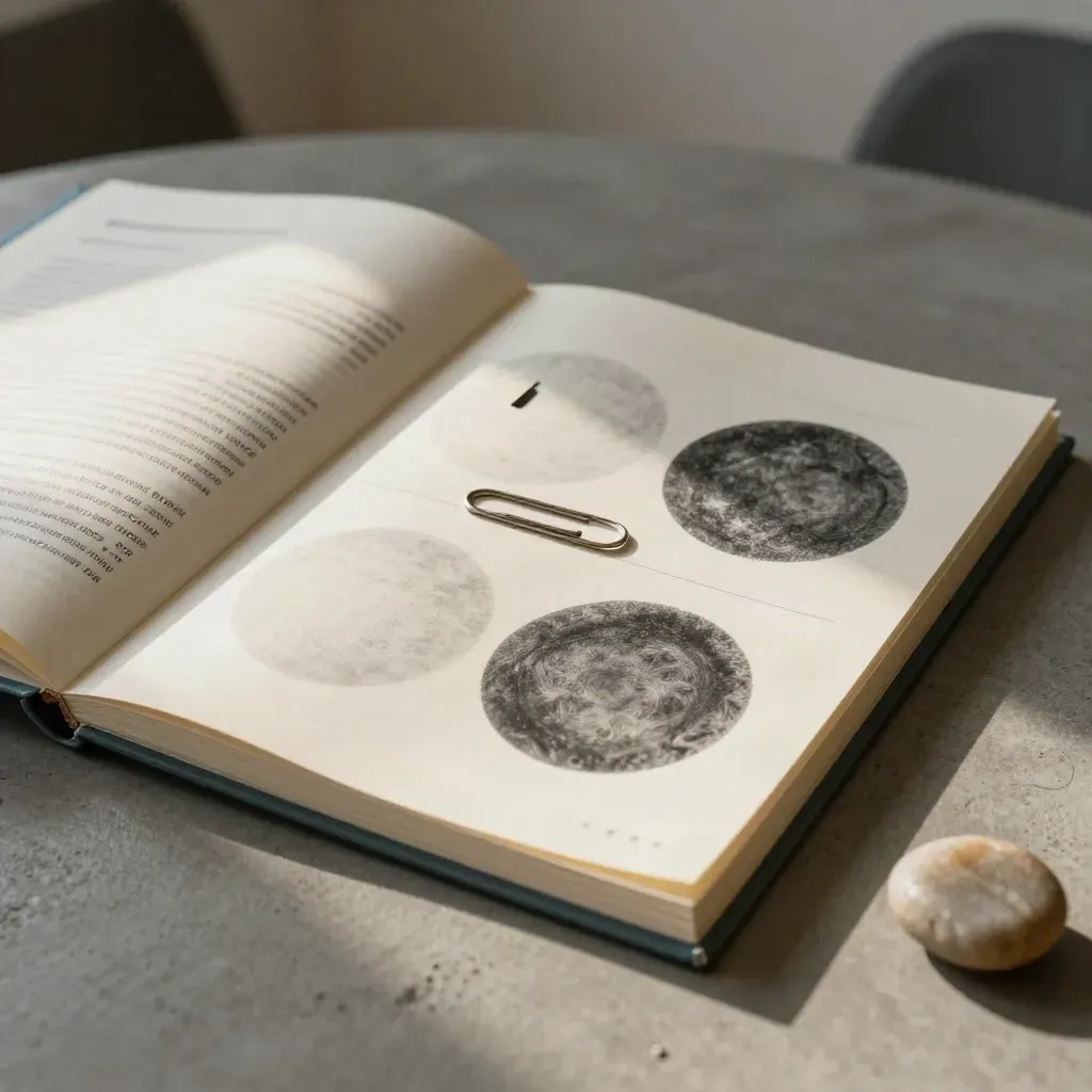 Open coaching notebook with graphite circles, paperclip, and stone weight on concrete.