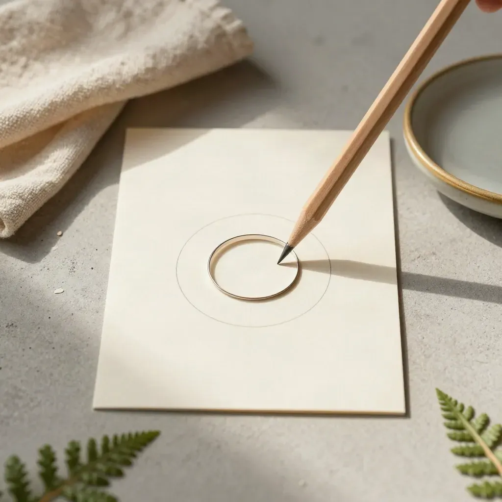 Overhead still life of pencil, goal card circle, fern, linen cloth and ceramic dish