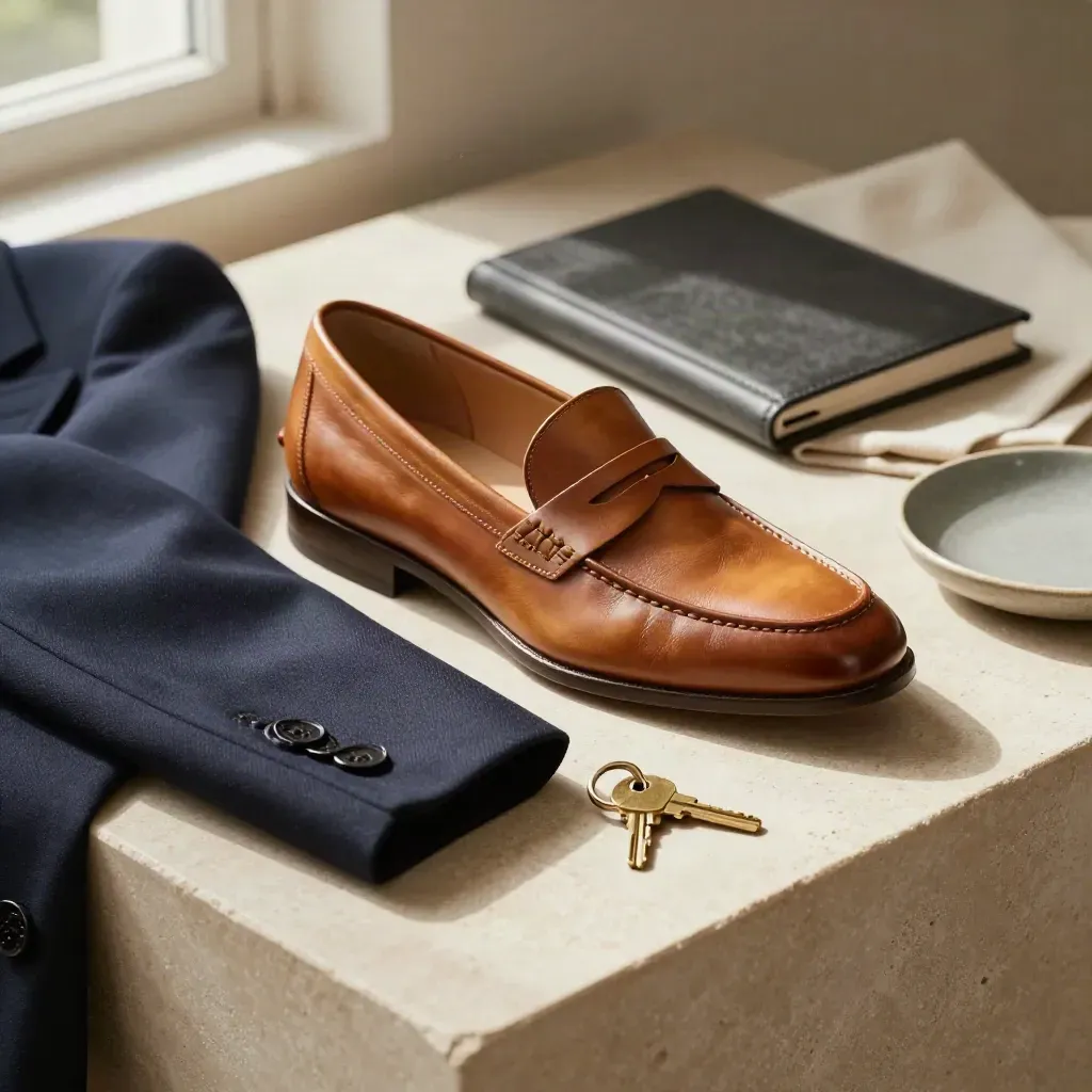 Blazer sleeve, loafer, brass key ring and closed portfolio on pale stone.