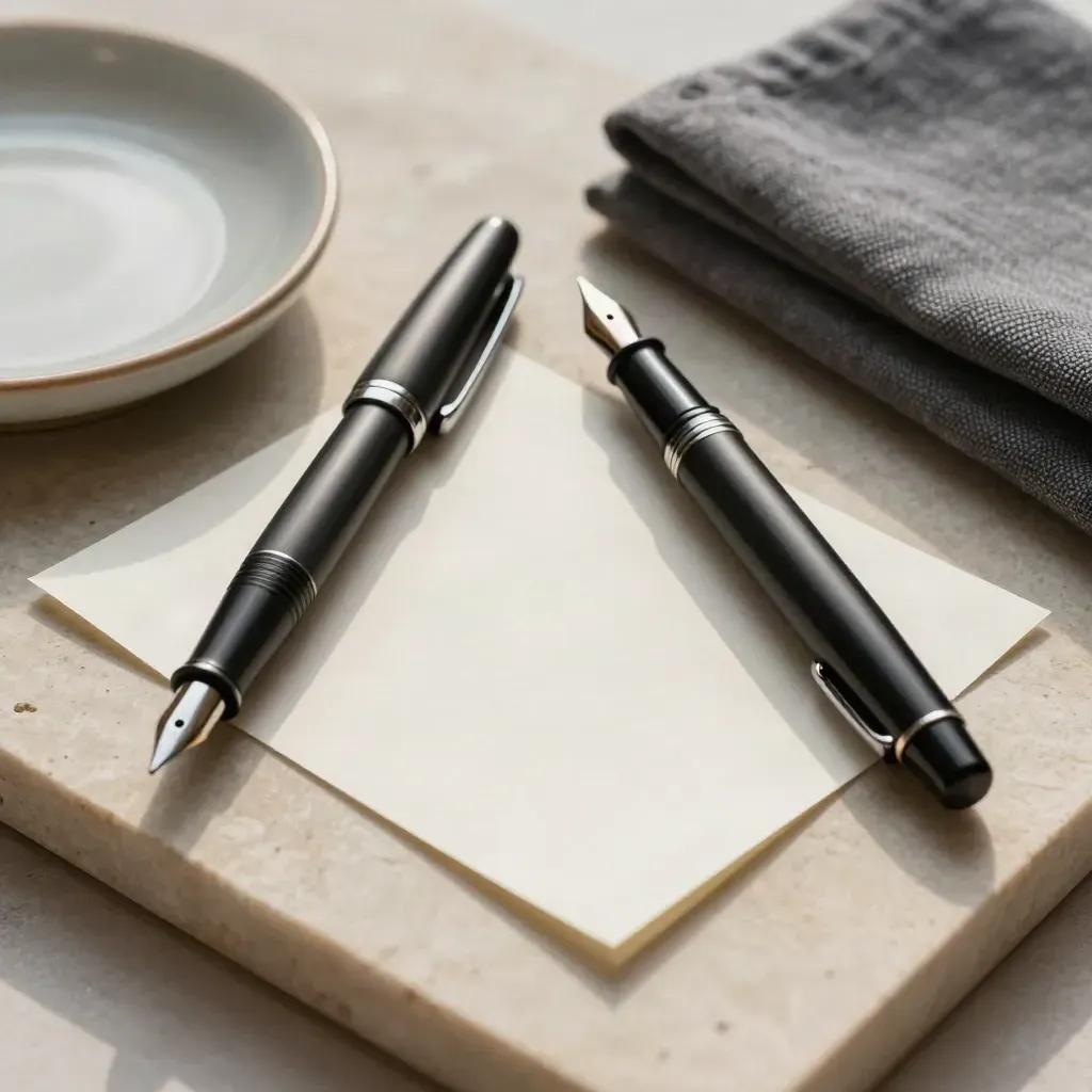 Top-down still life of pens, memo card, dish and cloth on a stone tray
