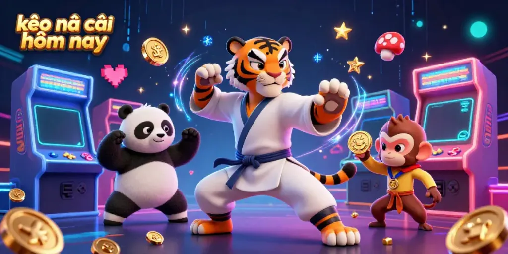 Engage with kèo nhà cái hôm nay in action, where a kung fu tiger master leads, while a panda and monkey add excitement in a vibrant gambling scene.
