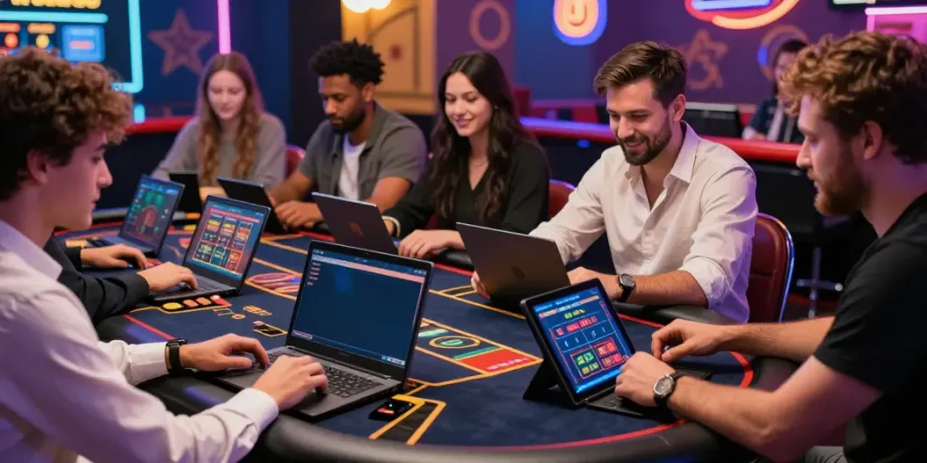 Players engaging with online credit card casinos in a lively casino environment.