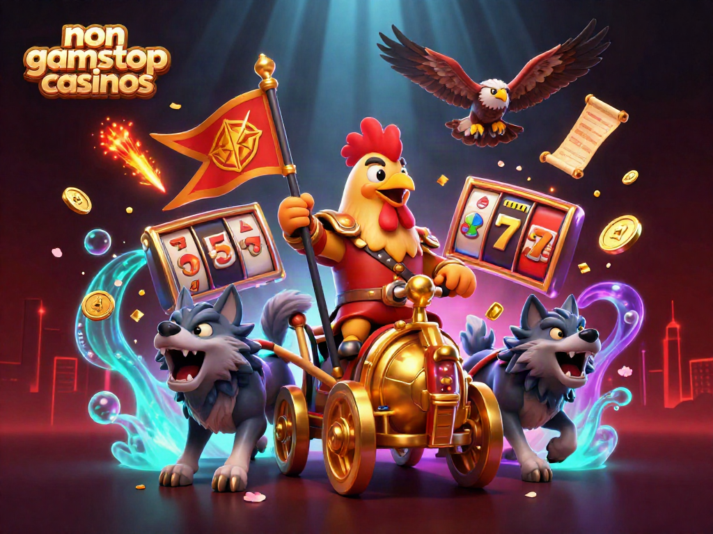 Experience the thrilling energy of non gamstop casinos with a vibrant 3D scene depicting a rooster warlord in a golden chariot amidst dynamic casino elements.
