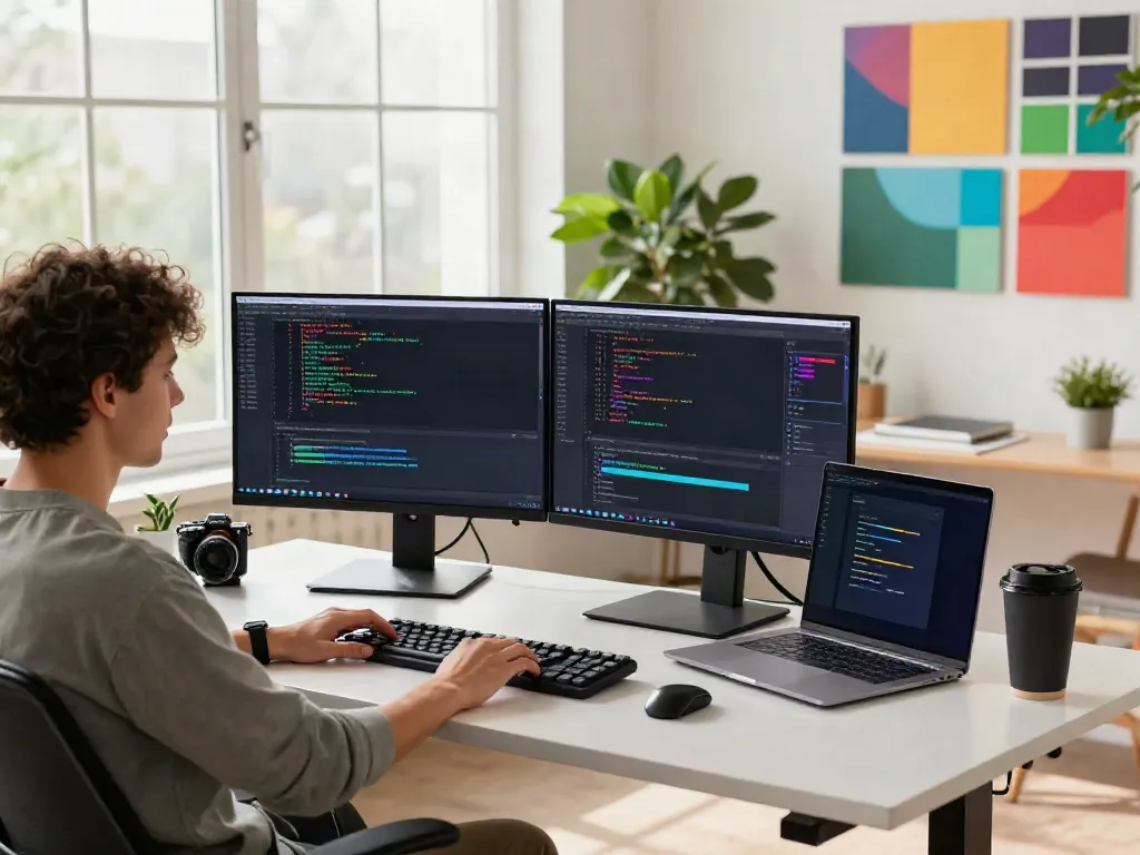 Software developer coding with instant indexing tools in a bright tech workspace