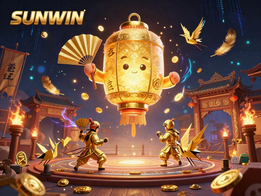 SUNWIN illuminates a vibrant night market casino scene with golden lanterns and warriors, perfect for engaging gamblers.