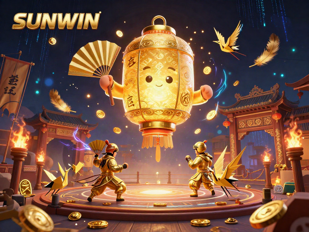 SUNWIN illuminates a vibrant night market casino scene with golden lanterns and warriors, perfect for engaging gamblers.