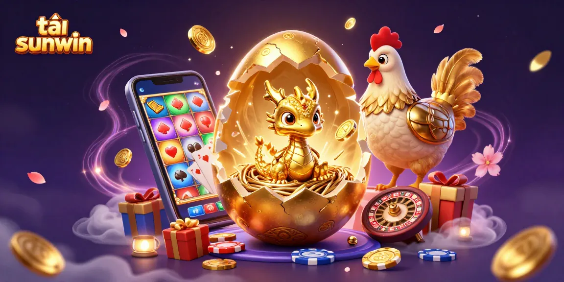 Experience the vibrant world of tải sunwin, with a golden dragon and casino-themed elements including poker chips and slots.